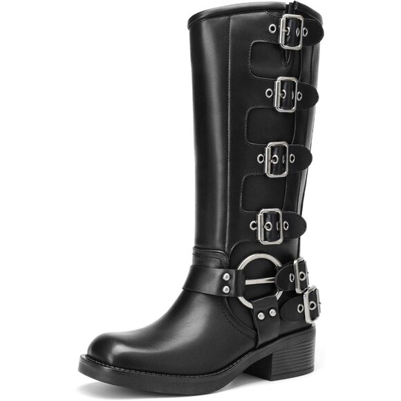 ⚡Women Black zipper Polyurethane Knee High Riding Side Zipper Chunky Heel Boots - Picture 1 of 7
